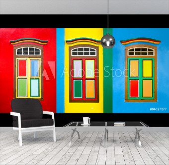 Picture of Collage of 3 colorful windows on the facade of a house in Little India Singapore